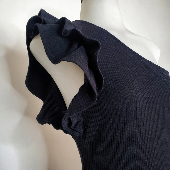 Rebecca Taylor Black One-Shoulder Ribbed Knee Lenght Flounce Dress - Picture 5 of 10